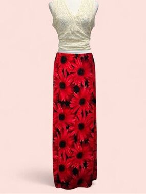 Susan Lawrence Red Floral Maxi Skirt with Black Accents